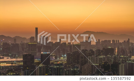 Jan 11 2026 Kowloon skyline with harbor under warm orange sunset Jan 11 2026 Kowloon skyline with harbor under warm orange sunset 135587592