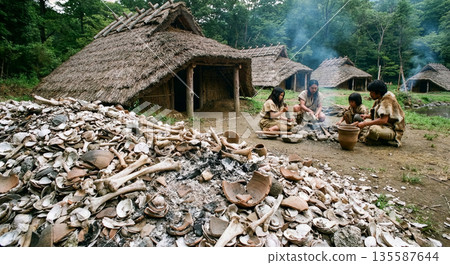 A Jomon period village scene, shell mounds near pit dwellings, and the lives of the Japanese people at the time (reproduced illustrations and images) A Jomon period village scene, shell mounds near pit dwellings, and the lives of the Japanese people at the time (reproduced illustrations and images) 135587644