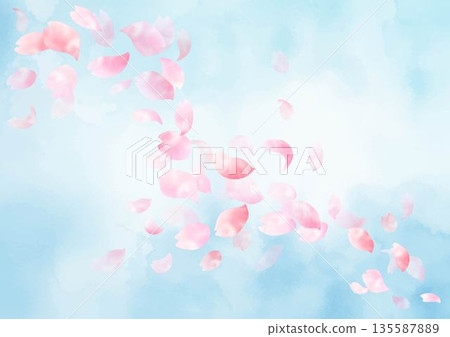 水彩背景框，櫻花花瓣飄落在蔚藍的春日天空。 135587889
