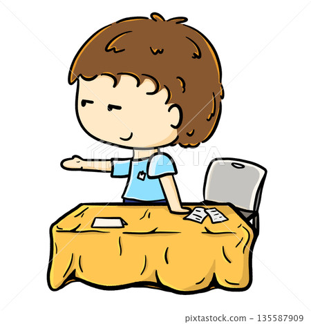Staff reached out his hand at the booth counter table cartoon illustration Staff reached out his hand at the booth counter table cartoon illustration 135587909