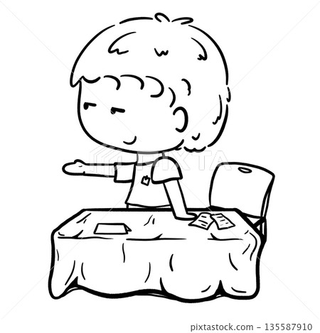 Boy reached out his hand at the booth table cartoon outline illustration 135587910