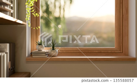 Books and cactus or succulents in pot on wooden windowsill with sunlight and outside scenery. 135588057