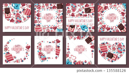 Set of square greeting cards with sweets, cake, chocolate, strawberry, candy and hearts. Valentine's day, wedding, anniversary, love celebration. Sweet collection concept. For banner, poster, frame Set of square greeting cards with sweets, cake, chocolate, strawberry, candy and hearts. Valentine's day, wedding, anniversary, love celebration. Sweet collection concept. For banner, poster, frame 135588126
