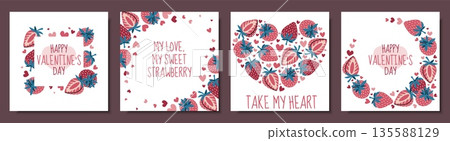 Set of frame templates with strawberry design in flat style. Valentine's day, mother's day, wedding, summer party. Berry fresh collection concept. For social media, photo, invitation, packaging, label Set of frame templates with strawberry design in flat style. Valentine's day, mother's day, wedding, summer party. Berry fresh collection concept. For social media, photo, invitation, packaging, label 135588129