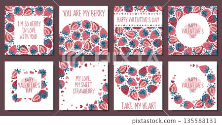 Set of Square frame templates with strawberry and hearts in flat style. Valentine's day, mother's day, anniversary, love gift. For photo border, social media post, invitation, label, packaging, card 135588131