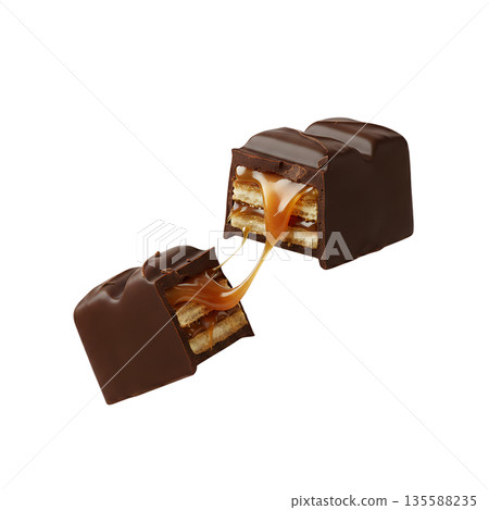 Mouthwatering broken chocolate bar revealing gooey caramel and crispy wafer layers, isolated on transparent background 135588235
