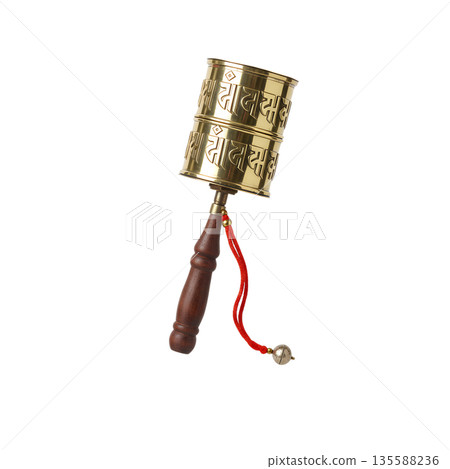Traditional golden tibetan prayer wheel with wooden handle and red string, isolated on transparent background. Symbol of buddhism, spirituality, and meditation Traditional golden tibetan prayer wheel with wooden handle and red string, isolated on transparent background. Symbol of buddhism, spirituality, and meditation 135588236