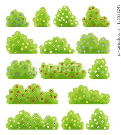 Bushes with flowers icon set. Cartoon forest and park shrubbery with floral elements. Landscape scene create element. Vector cartoon illustration Bushes with flowers icon set. Cartoon forest and park shrubbery with floral elements. Landscape scene create element. Vector cartoon illustration 135588245