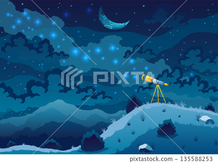 Telescope for space exploration, science discovery and astronomy studying. Background of dark sky with stars. Night landscape with glass on tripod on hill. Equipment for watching 135588253