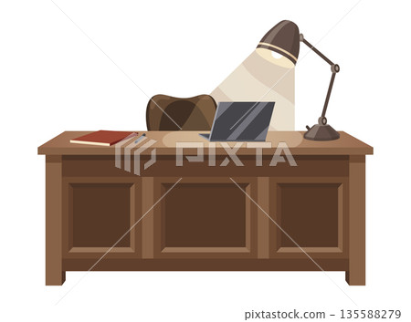 Detective office interior element. Desk with stationery for detective. Crime and criminal evidence. Vector flat style cartoon illustration isolated on white background 135588279