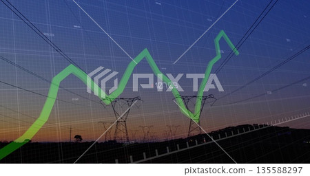 Displaying electricity pylons over rural field at dusk, featuring grid and green line chart 107 Displaying electricity pylons over rural field at dusk, featuring grid and green line chart 107 135588297