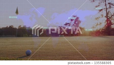 Resting golf ball near flagstick on golf course green with map overlay and coordinates, copy space 135588305
