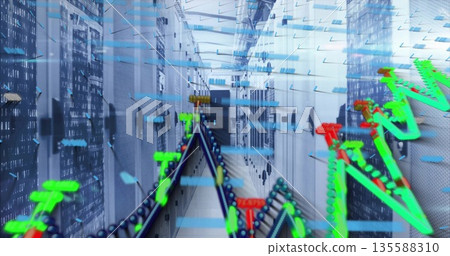 Displaying server racks lining data center corridor with binary code panels, floating 3D overlays Displaying server racks lining data center corridor with binary code panels, floating 3D overlays 135588310