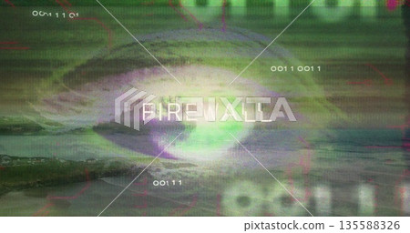 Showing glitching FIREWALL text flickering on simulated security interface, with binary code Showing glitching FIREWALL text flickering on simulated security interface, with binary code 135588326