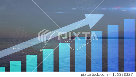 Overlaying gradient bar chart white line graph upward translucent arrow on calm dawn seascape Overlaying gradient bar chart white line graph upward translucent arrow on calm dawn seascape 135588327