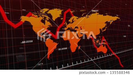Displaying orange world map trending downward on dark grid with red declining trend line and labels 135588346