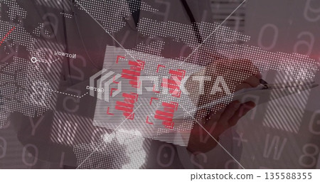 Analyst in white blouse analyzing tablet using stylus in office, with digital overlays, copy space Analyst in white blouse analyzing tablet using stylus in office, with digital overlays, copy space 135588355