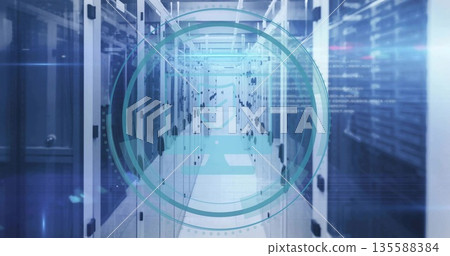 Stretching server cabinets showing blinking LEDs, cables in data center corridor, with code overlay 135588384