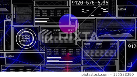 Hovering translucent purple-pink orb overlapping data dashboard, with numerical panels and graphs 135588390