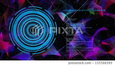 Displaying blue HUD on interface, with grid overlay, neon mesh, code and waveform, copy space Displaying blue HUD on interface, with grid overlay, neon mesh, code and waveform, copy space 135588393