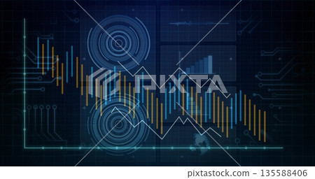 Displaying dashboard screen over circuit grid, featuring bar charts, line graph and radar circles 135588406