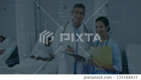 Reviewing medical file White male doctor consulting beside beds in ward, with privacy curtains Reviewing medical file White male doctor consulting beside beds in ward, with privacy curtains 135588415