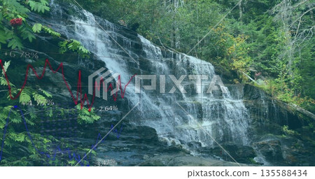 Cascading waterfall flowing over layered rock ledges in gorge with red berries overlaid line graphs 135588434
