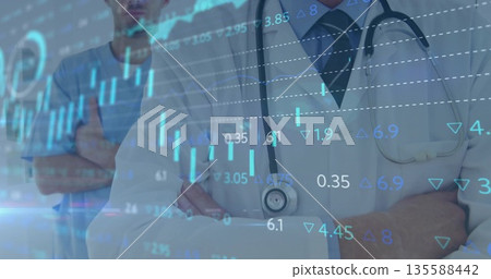 Standing senior doctor wearing white coat and stethoscope in clinic, showing financial graphs Standing senior doctor wearing white coat and stethoscope in clinic, showing financial graphs 135588442