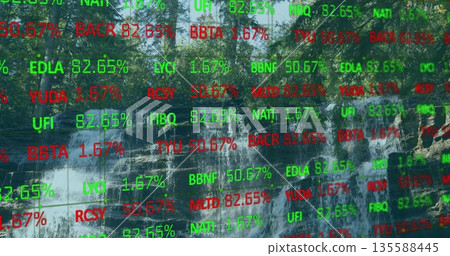 Cascading tiered waterfall flowing down rocky ledges in forest, with floating stock tickers Cascading tiered waterfall flowing down rocky ledges in forest, with floating stock tickers 135588445