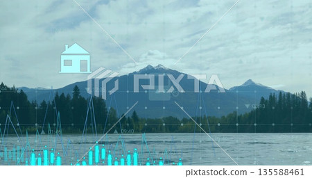 Displaying snowcapped mountains above lake with grid line or bar charts labels and home or battery i 135588461