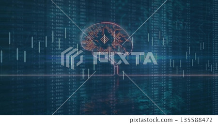 Showing digital brain icon hovering above virtual interface with candlestick bars and numeric data 135588472