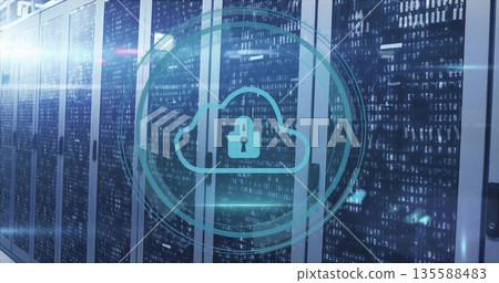 Displaying turquoise cloud lock icon overlaying server racks with LEDs, data cables in data center 135588483