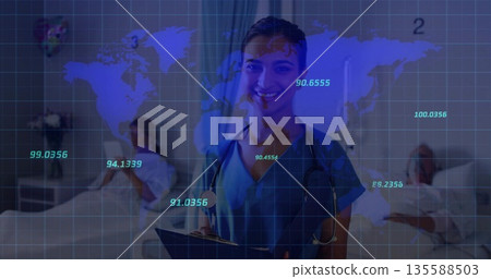 Holding clipboard, nurse in blue scrubs wearing stethoscope at ward, with world map data overlay 135588503
