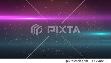 Stretching pink and cyan neon beams lighting cosmic gradient backdrop amid golden particles Stretching pink and cyan neon beams lighting cosmic gradient backdrop amid golden particles 135588508