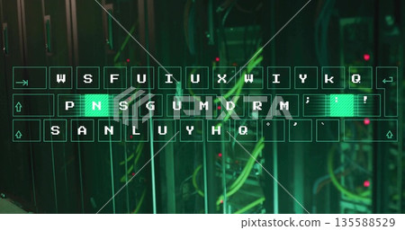 Keyboard overlay highlighting N apostrophe keys in server room, with racks switches cables LEDs Keyboard overlay highlighting N apostrophe keys in server room, with racks switches cables LEDs 135588529