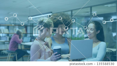 Collaborating women pointing at laptop holding coffee cups in modern workspace at high table 135588530