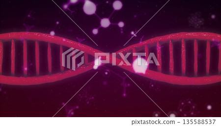 Showing stylized DNA helix twisting across purple backdrop, with molecular icons and glowing orbs Showing stylized DNA helix twisting across purple backdrop, with molecular icons and glowing orbs 135588537