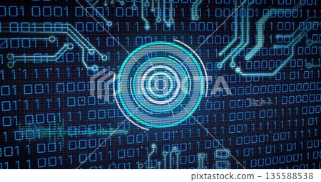 Scanning central circular target on virtual security interface, with binary streams and neon traces 135588538