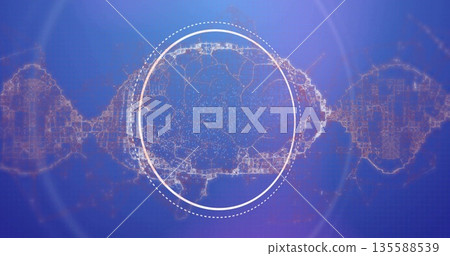 Showing white dotted circle overlay framing network-like lines on color gradient, with lens flares 135588539