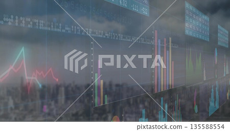 Showing financial bar, line and pie charts with scrolling numeric tickers over blurred city skyline Showing financial bar, line and pie charts with scrolling numeric tickers over blurred city skyline 135588554