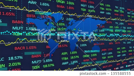 Displaying blue world map on trading monitor, with scrolling tickers and yellow trend lines Displaying blue world map on trading monitor, with scrolling tickers and yellow trend lines 135588555