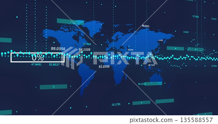 Displaying stylized blue world map on dashboard, with progress bar, turquoise waveform, numbers Displaying stylized blue world map on dashboard, with progress bar, turquoise waveform, numbers 135588557