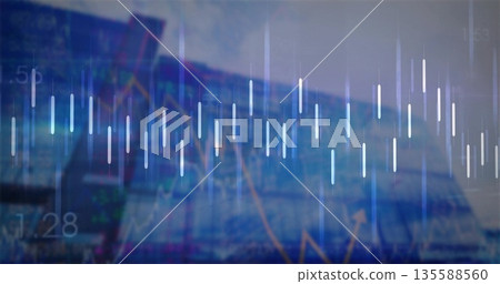 Showing candlestick chart overlaying glass highrise exterior with data labels and orange line graph Showing candlestick chart overlaying glass highrise exterior with data labels and orange line graph 135588560