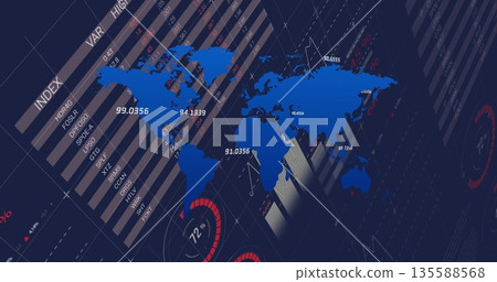 Displaying stylized blue world map with data points on computer display, with bar and gauge charts Displaying stylized blue world map with data points on computer display, with bar and gauge charts 135588568