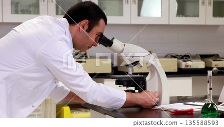 Adjusting microscope focus knob, technician wearing lab coat at lab bench with flask, copy space Adjusting microscope focus knob, technician wearing lab coat at lab bench with flask, copy space 135588593