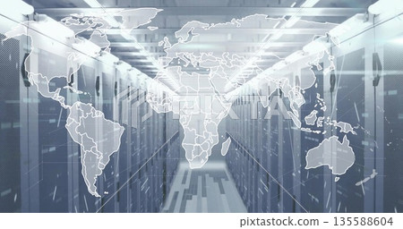 Server corridor showcasing digital world map overlay in data center, with LED panels glowing Server corridor showcasing digital world map overlay in data center, with LED panels glowing 135588604