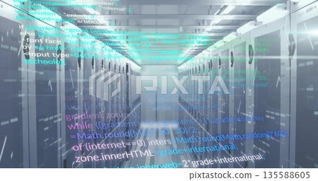 Stretching corridor between server cabinets inside data center with blinking LEDs and code overlay Stretching corridor between server cabinets inside data center with blinking LEDs and code overlay 135588605
