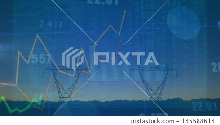 Standing steel lattice towers with power lines over rural plain at dusk, with colored line graphs Standing steel lattice towers with power lines over rural plain at dusk, with colored line graphs 135588613