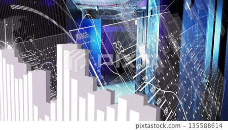 Displaying 3D bar chart showing currency exchange rates in virtual trading dashboard, copy space 135588614