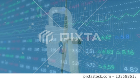 Floating 3D padlock icon hovering over blue interface, with circuit graphics and stock ticker data Floating 3D padlock icon hovering over blue interface, with circuit graphics and stock ticker data 135588615